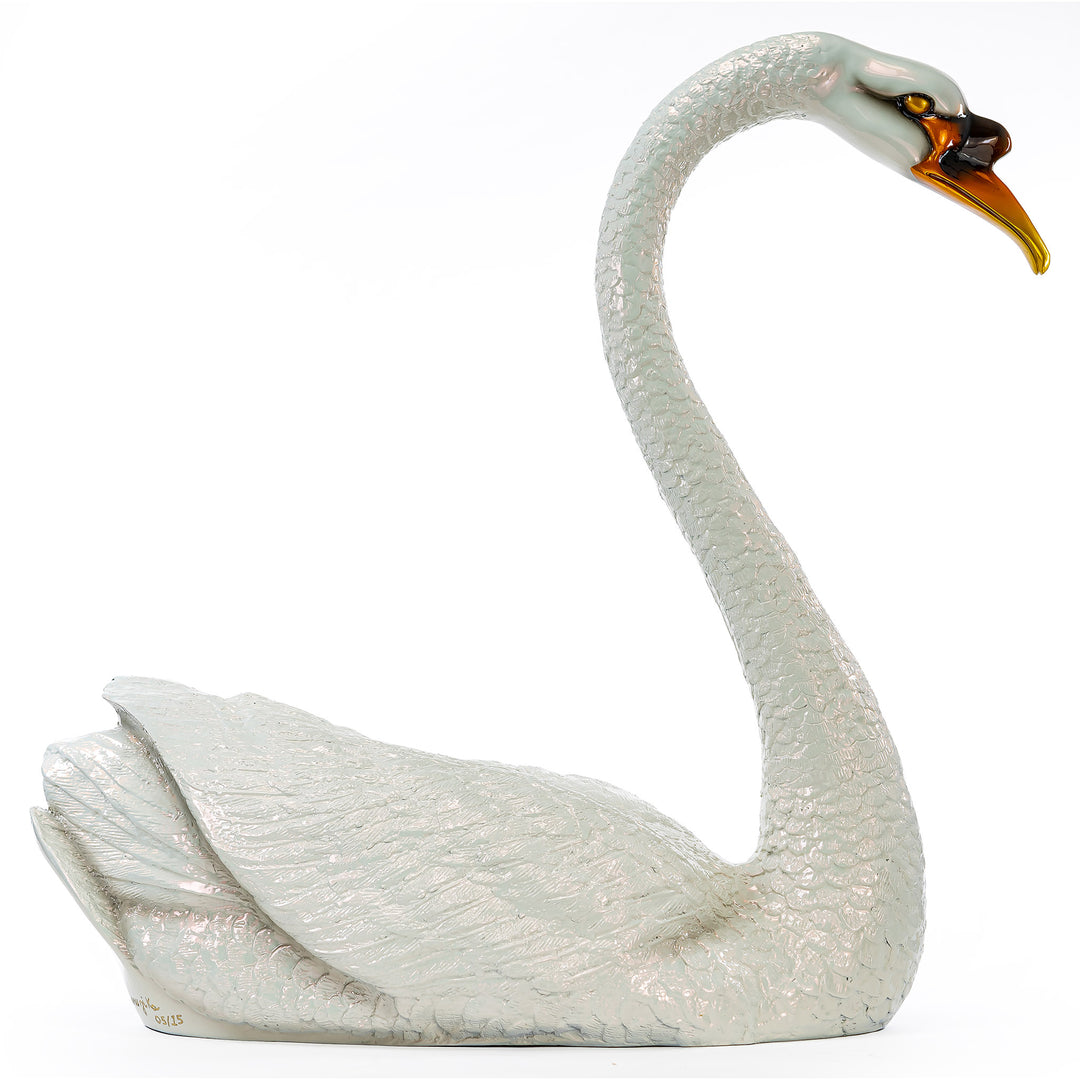 Luxurious white swan sculpture with lustrous clear coat