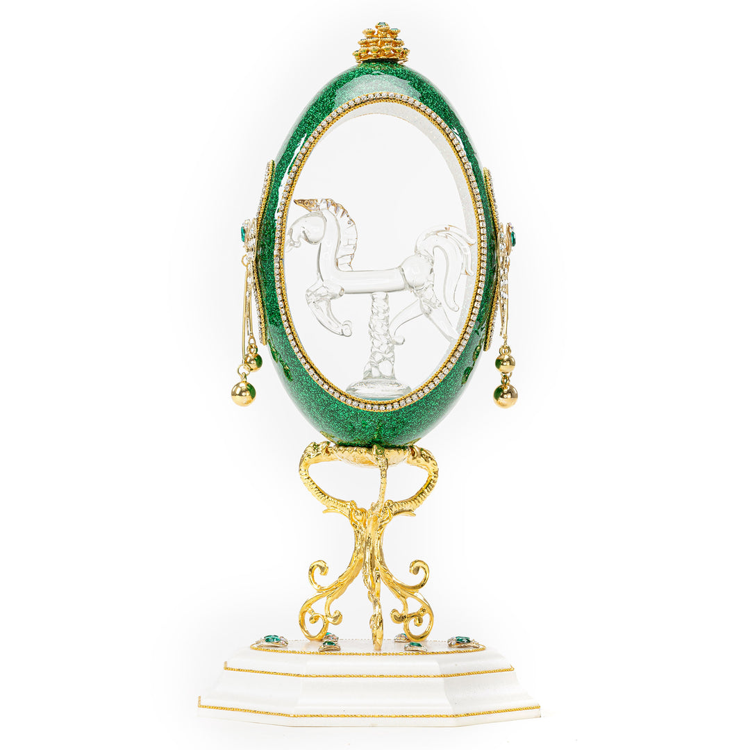 The Egg Fantasy Rhea Egg Green w/Glass Horse part of the  exquisite Egg Fantasy collection is handcrafted in the USA from natural ostrich, emu, goose, duck, and quail eggs. Image #1