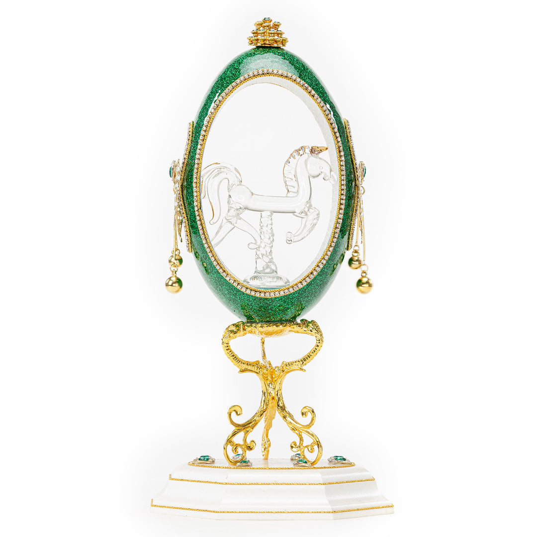 The Egg Fantasy Rhea Egg Green w/Glass Horse part of the  exquisite Egg Fantasy collection is handcrafted in the USA from natural ostrich, emu, goose, duck, and quail eggs. Image #3