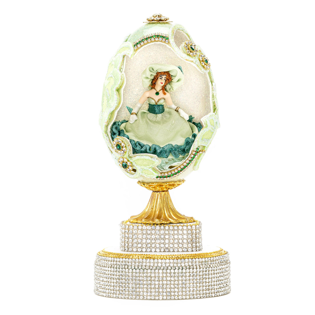 The Egg Fantasy Mint Green Victorian Lady Egg part of the  exquisite Egg Fantasy collection is handcrafted in the USA from natural ostrich, emu, goose, duck, and quail eggs. Image #1