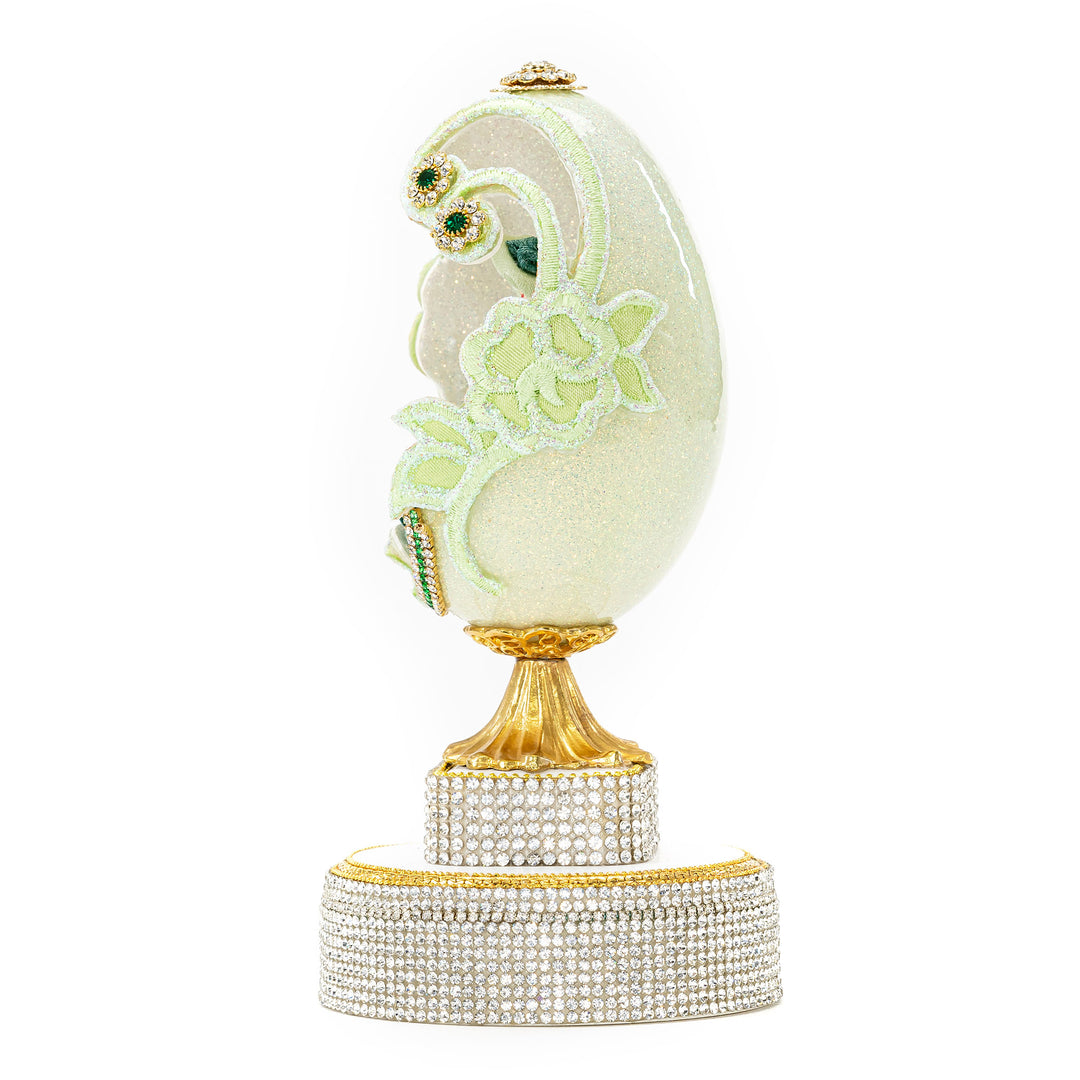 The Egg Fantasy Mint Green Victorian Lady Egg part of the  exquisite Egg Fantasy collection is handcrafted in the USA from natural ostrich, emu, goose, duck, and quail eggs. Image #2