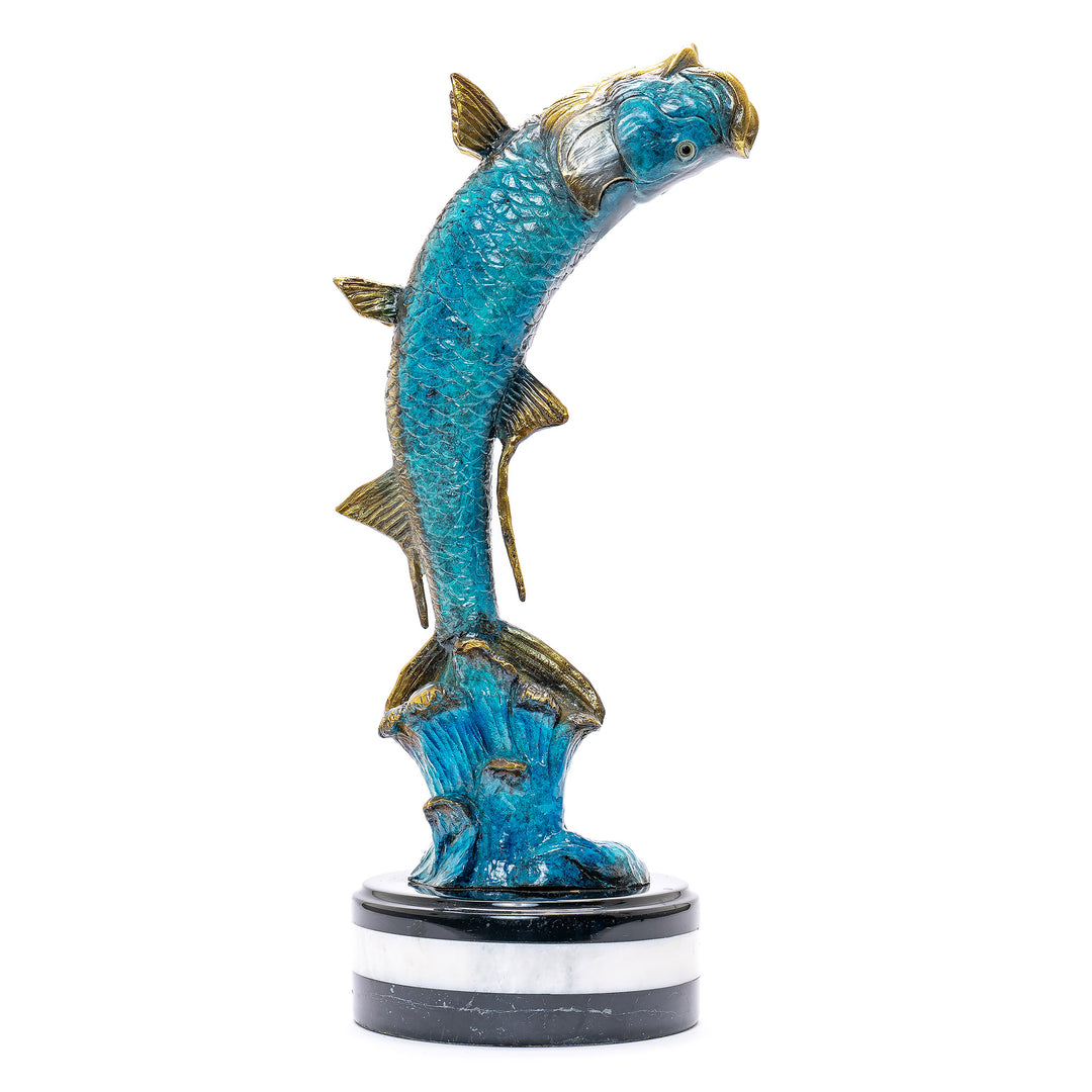 Bronze tarpon fish statue mid-leap with intricate detailing
