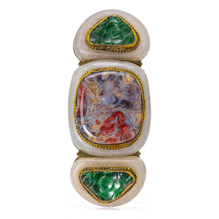 19th-century white jade belt buckle with agate mounts