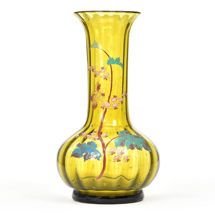 Monumental Gallé vase with green body and gold-highlighted floral design, signed Émile Gallé