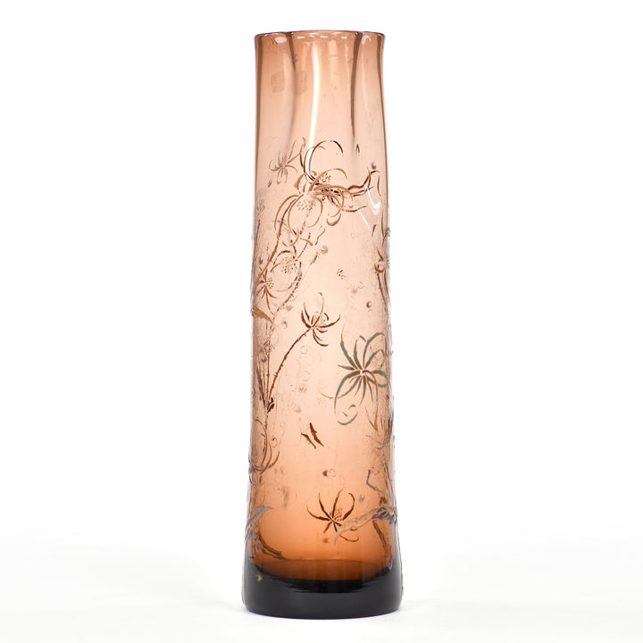 Art Nouveau Gallé glass vase with intricate enamel work on a transparent brown background
