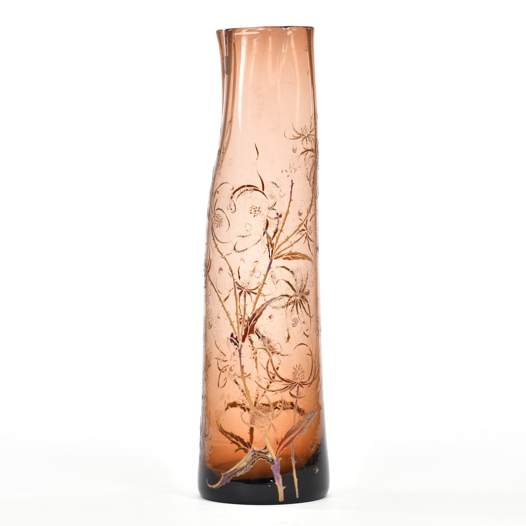 Masterpiece of nature-inspired enamel on Gallé's transparent brown vase