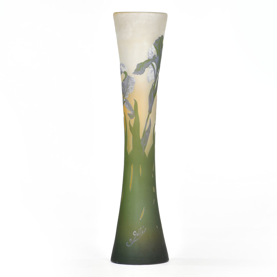 Gallé French cameo vase with tri-color iris flowers on frosted orange background