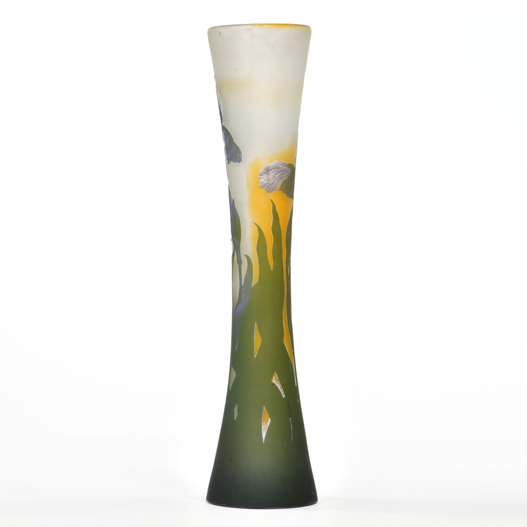 Antique Gallé vase featuring lavender and white iris on pea green background