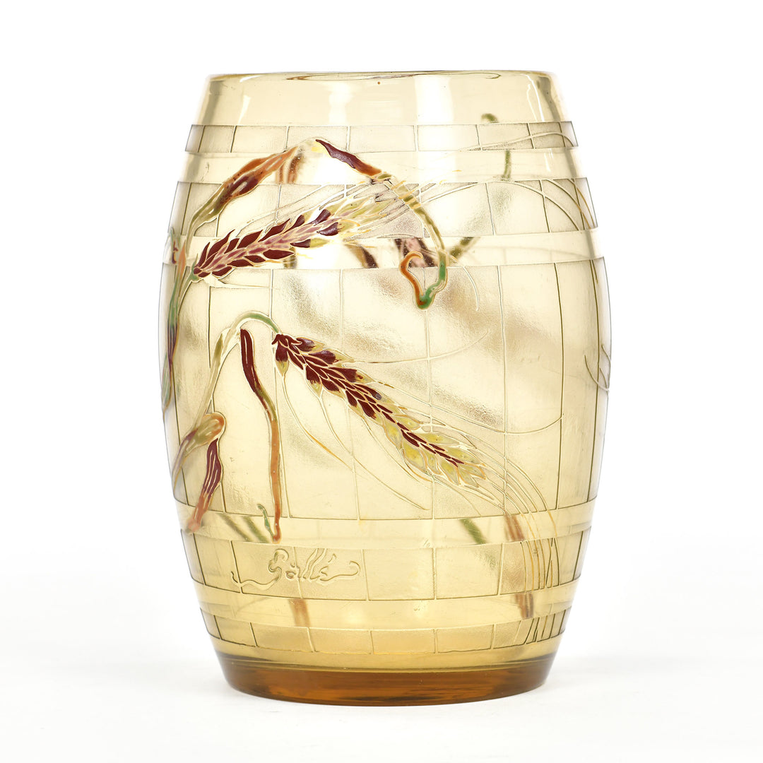 Collectible Gallé glass vase with detailed red, yellow, and green enameling
