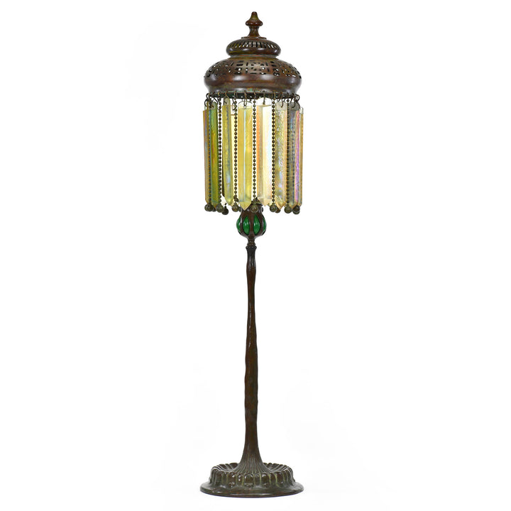 Tiffany Studios rare Moorish candle lamp with green glass inserts, circa 1900.