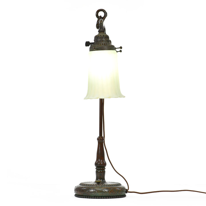 Antique Tiffany Studios double student lamp with opalescent ribbed bell shades